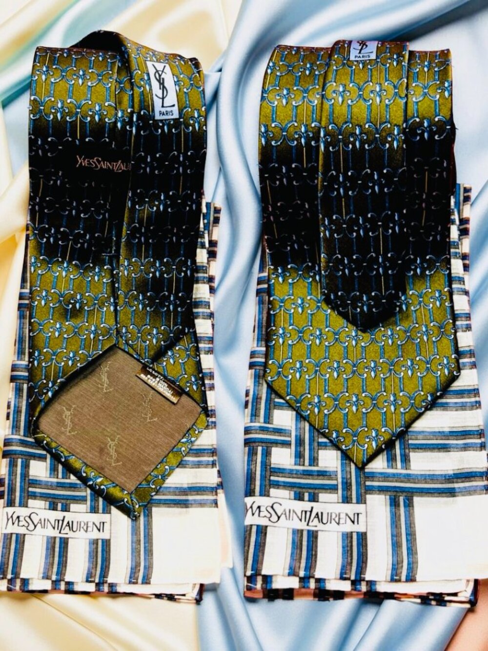 Set  Yves Saint Laurent Necktie Silk & Handkerchief YSL Olive Green  Striped (20